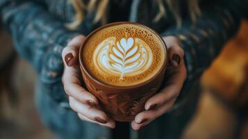 A person stands in a bustling city street, holding a disposable coffee cup with both hands photo