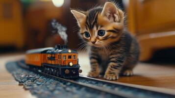 Curious kitten investigates a toy train set indoors near a cozy window during daylight hours photo