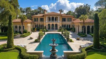 Elegant mansion with a lush garden and swimming pool in serene surroundings during daytime photo