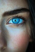 Close up view capturing a striking blue eye with detailed eyelashes and skin texture photo
