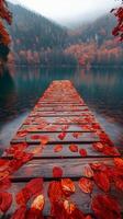 Autumn sunset reflects on calm lake with wooden dock covered in red leaves photo