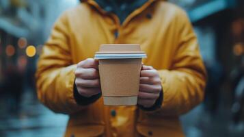A person stands in a bustling city street, holding a disposable coffee cup with both hands photo