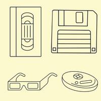 A set of 90s elements consisting of a VHS cassete, floppy disk, 3d glasses and a walkman. vector