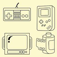 90s element set consisting of joystick, game console, tv monitor and analog camera film roll vector