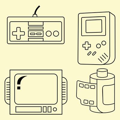 90s element set consisting of joystick, game console, tv monitor and analog camera film roll