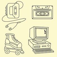 A set of 90s elements consisting of a cassette player or walkman, cassettes, inline skates, and an old-school computer. vector