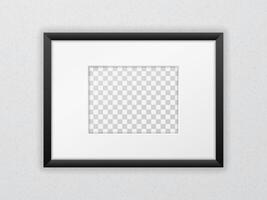 Narrow black frame with passepartout hanging on the wall. Horizontal rectangular frame template with empty space for photo, image or poster. Interior decoration mockup. Realistic illustration vector