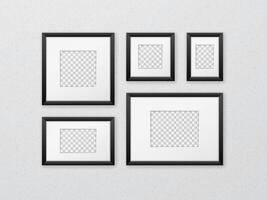 Composition of various narrow black frames hanging on the wall. Interior decoration template with glass and passe-partout and empty space for photo, image or poster. Realistic mockup. vector