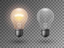 Realistic old style light bulbs on dark background. 3d illustration of on and off electric filament lamps. Concept icon for innovation, creative idea, business solution. vector