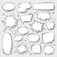 Set of various speech bubbles and elements in pop art style. Empty black and white template of dialog clouds, conversation boxes, chat banners and cartoon stickers with halftone shadow for comic books vector