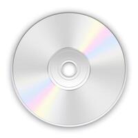 illustration of silver CD or DVD disc with rainbow reflection and soft shadow on white background. Realistic compact disc icon. vector