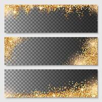 illustration of gold glitter border templates isolated on dark background. Set of bright sparkling frames with glowing particles for website headers, banners, posters, party invitations. vector