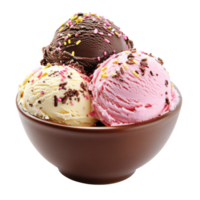 A bowl of ice cream with three scoops of different flavors png