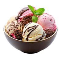 A bowl of ice cream with chocolate, vanilla and strawberry toppings png