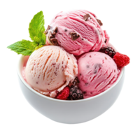 Three scoops of ice cream with berries and chocolate chips png