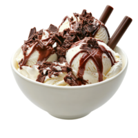 A bowl of ice cream with chocolate sauce and chocolate syrup png