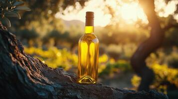 Golden olive oil bottle on an olive tree with lush greenery in the background during sunset photo