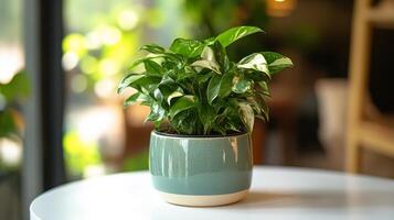 A small green plant in a white pot on a table with soft sunlight in a modern indoor setting photo
