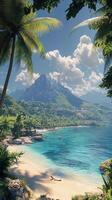 Serene tropical beach with clear turquoise waters and lush palm trees on a sunny day photo