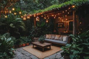 Cozy outdoor seating area with string lights and greenery in a tranquil garden space photo