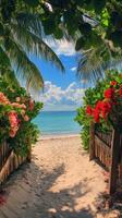 Beautiful tropical pathway leading to a stunning beach with vibrant flowers and clear skies photo