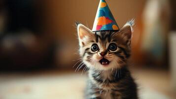 Adorable kitten wearing a colorful party hat at a festive indoor celebration in daylight photo