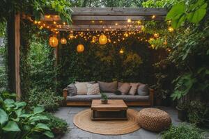 Cozy outdoor seating area with string lights and greenery in a tranquil garden space photo