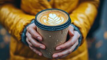 A person stands in a bustling city street, holding a disposable coffee cup with both hands photo