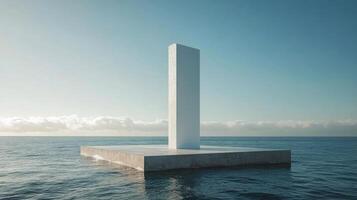 A minimalistic white obelisk reflecting in the tranquil blue waters under a clear sky at dawn photo