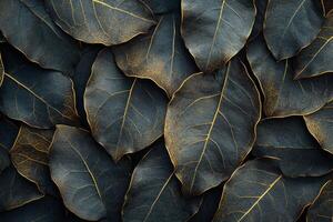 Textured dark leaves with golden veins showcasing autumn beauty in a close up view photo