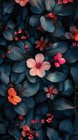 A vibrant collection of blue and orange flowers surrounded by dark green leaves in nature photo