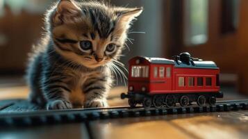 Curious kitten investigates a toy train set indoors near a cozy window during daylight hours photo