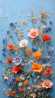 Colorful floral arrangement against a blue backdrop in a bright natural setting photo