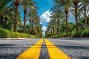 A tree lined road with palm trees under a bright blue sky during a sunny day photo