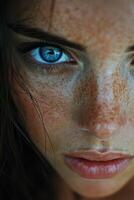Close up view capturing a striking blue eye with detailed eyelashes and skin texture photo