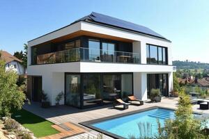 Modern house with solar panels and swimming pool in a serene suburban setting during daytime photo