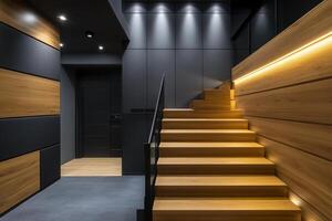 Elegant modern staircase with warm lighting in a contemporary interior space at dusk photo