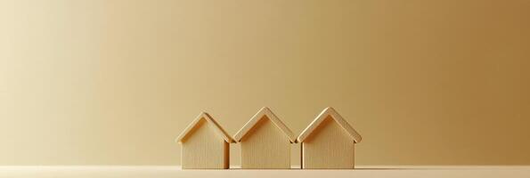 Wooden model houses on a smooth surface with a warm background in a calm interior setting photo
