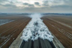 Clouds of vapor billow from the runway of an open airfield under a clear blue sky in daylight photo