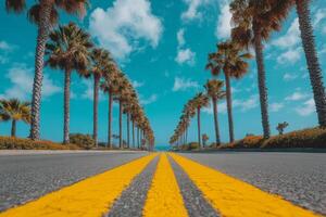 A tree lined road with palm trees under a bright blue sky during a sunny day photo