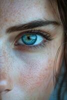 Close up view capturing a striking blue eye with detailed eyelashes and skin texture photo