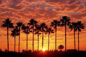 Sunset over palm trees along a coastal road with vibrant colors near the beach in summer photo