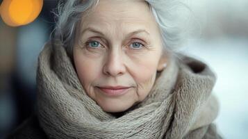 Elderly woman with silver hair and yellow scarf enjoys a serene autumn day in a park setting photo