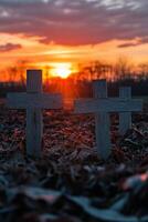 Wooden crosses marking graves with blooming flowers at sunset in a serene landscape photo