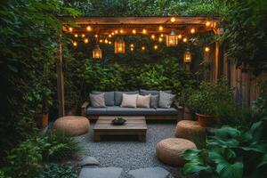 Cozy outdoor seating area with string lights and greenery in a tranquil garden space photo