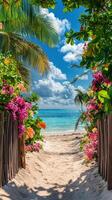 Beautiful tropical pathway leading to a stunning beach with vibrant flowers and clear skies photo