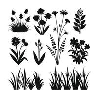 A set of plants with different shapes and sizes of flowers shilhouette design vector