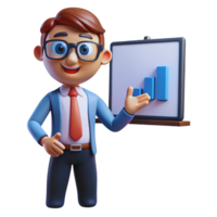 3d cartoon man with glasses and tie standing next to a board with a graph png