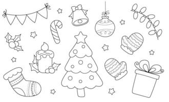 Black and white Christmas coloring pages for kids. A set of Christmas doodle elements and decorations. vector