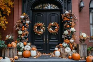 A beautifully decorated entrance with pumpkins and autumn foliage in a seasonal display photo